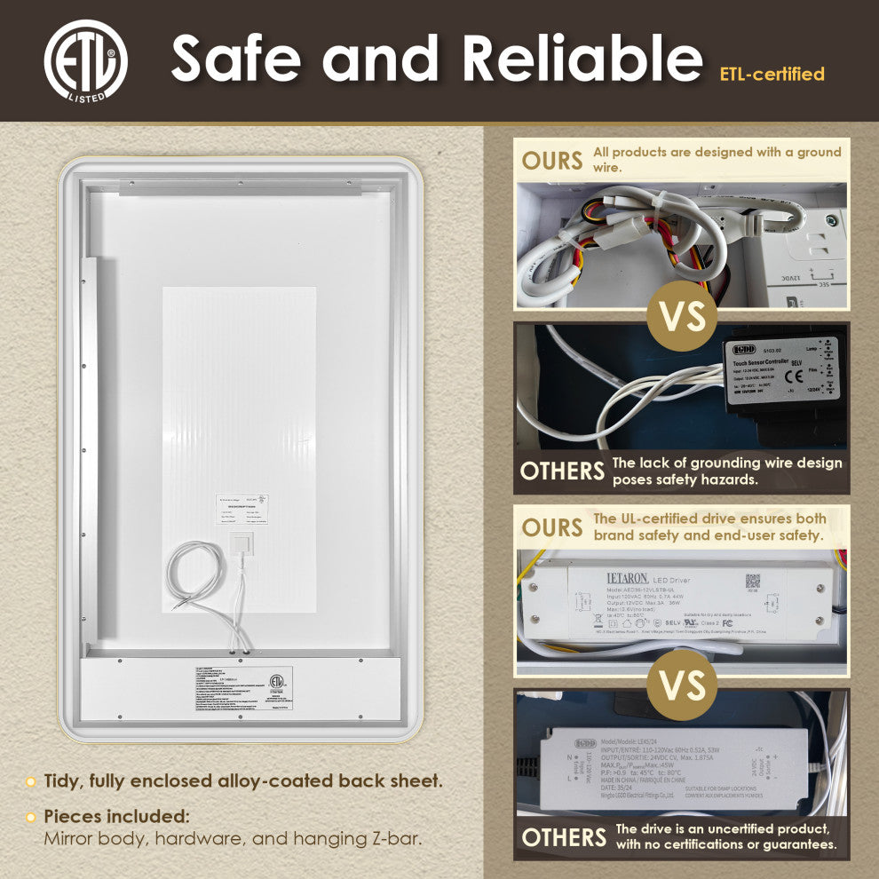 Dazzle Rectangular Bathroom/Vanity LED Lighted Wall Mirror, Brushed Gold, 48"