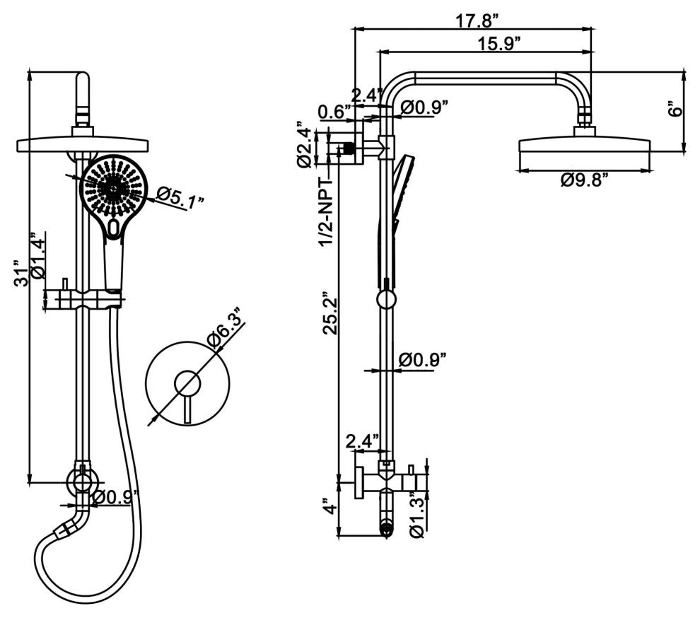 Wall Mounted Shower System with Multi-Function Hand Shower-with Rough-In Valve