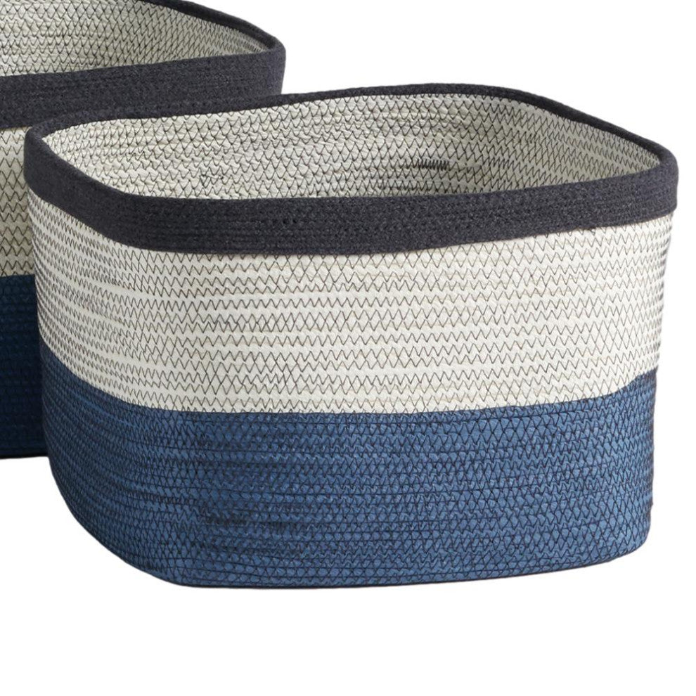 Set of 2 Coastal Casual Natural White Blue Woven Stripe Storage Baskets Large