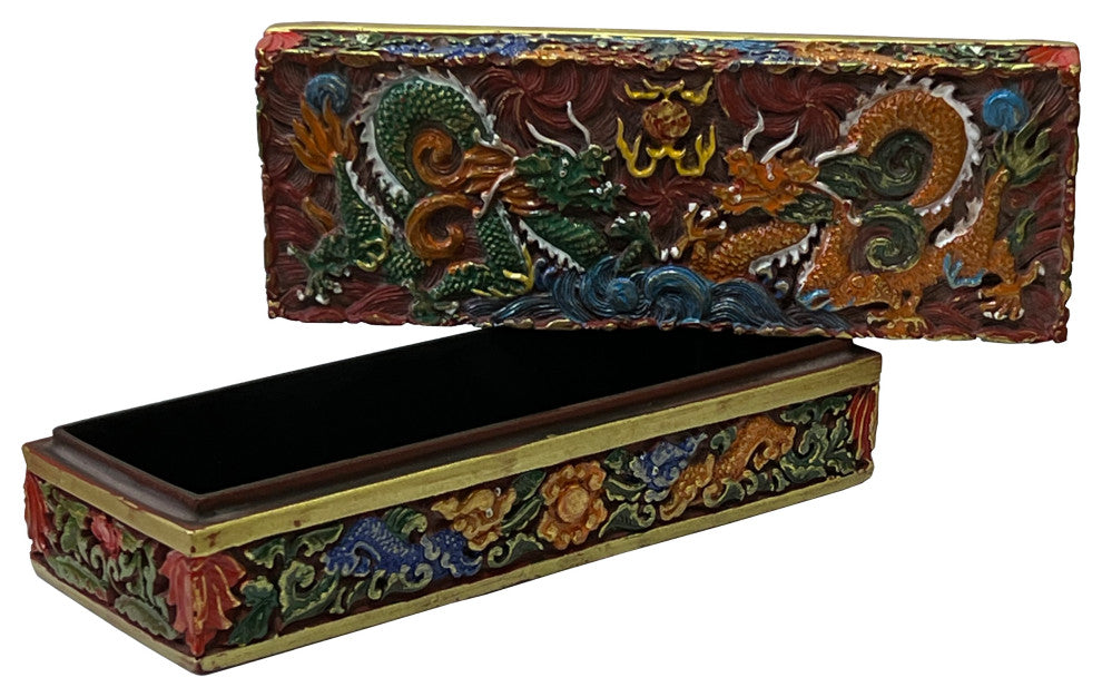 Chinese Mix Color Red Resin Lacquer Dragons Box Display Art Hws2552