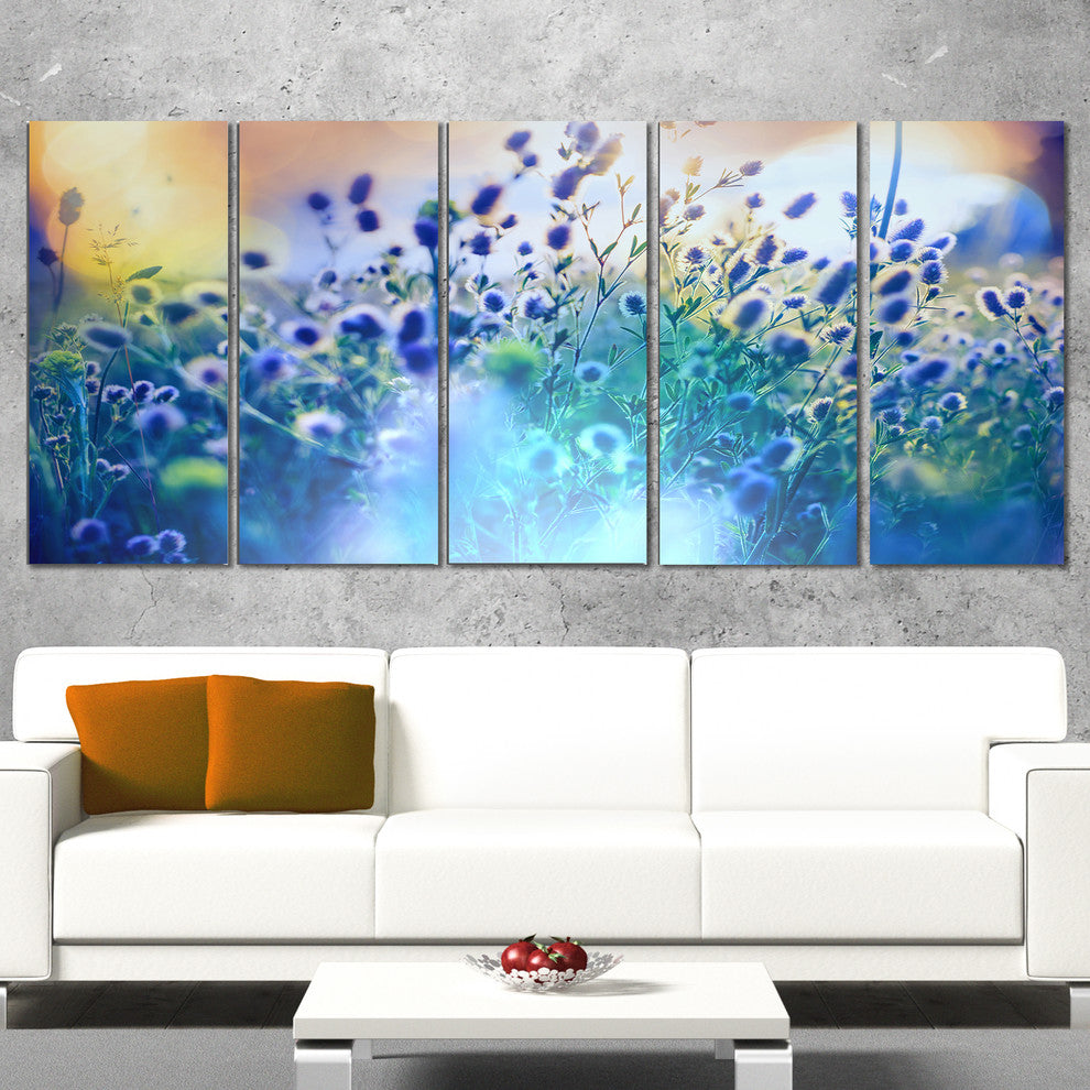Blue Summer Flowers on Meadow, Floral Canvas Art Print, 60"x28", 5 Panels