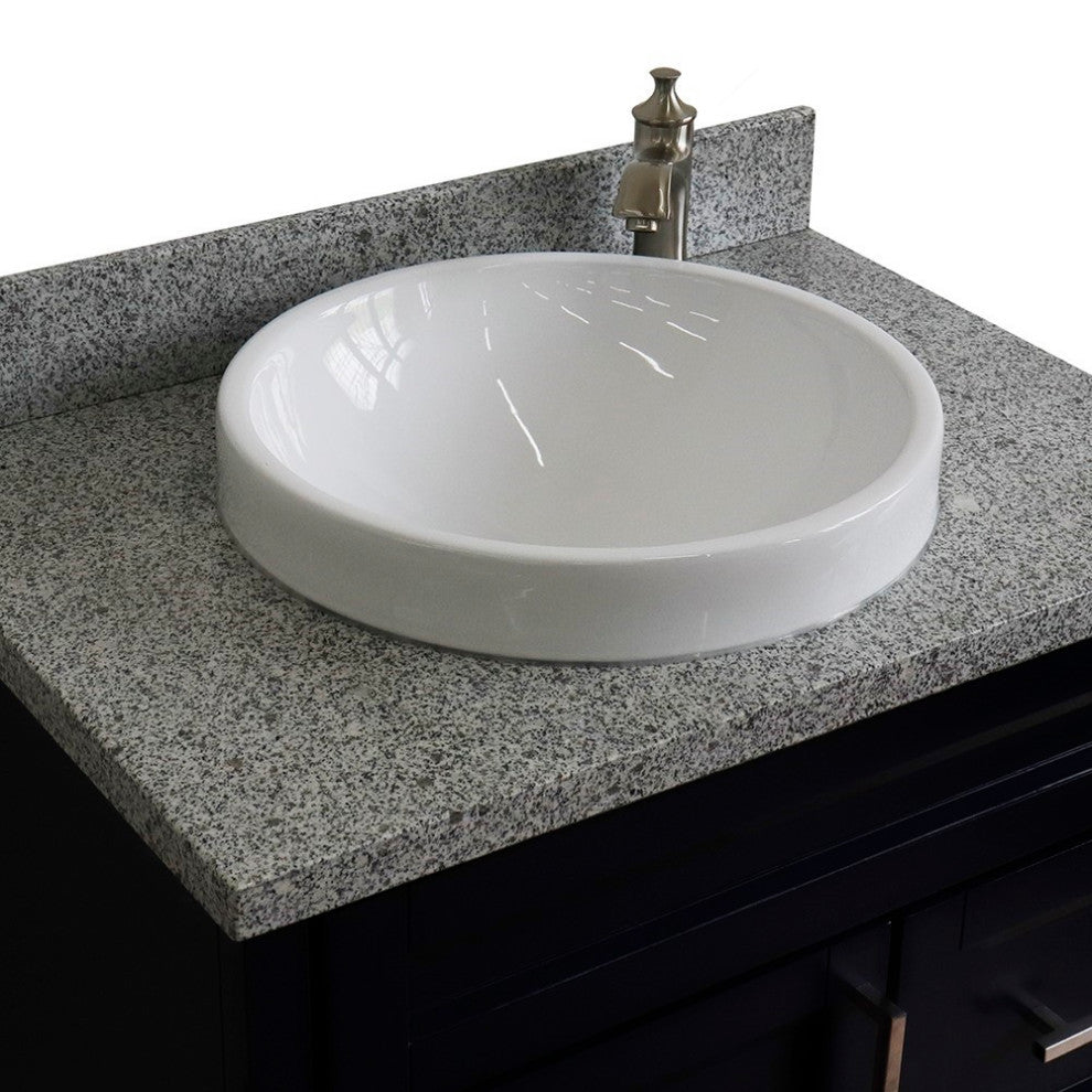 31" Single Sink Vanity, Blue Finish With Gray Granite With Round Sink