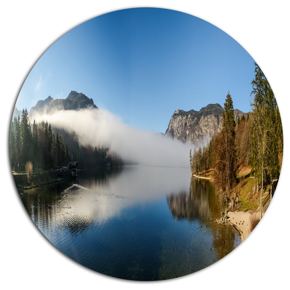 Bohinj Lake Panorama, Modern Seashore Round Metal Wall Art, 11"