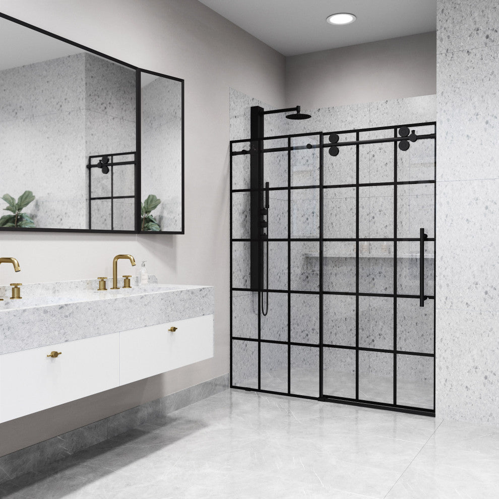VIGO Elan 68" to 72" W x 74" H Frameless Sliding Shower Door in Matte Black Grid