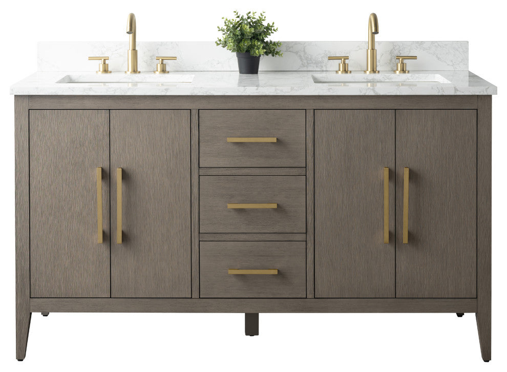 Vanity Art Bathroom Vanity With Sink, Driftwood Gray, 60", Double Sink, Golden Brushed