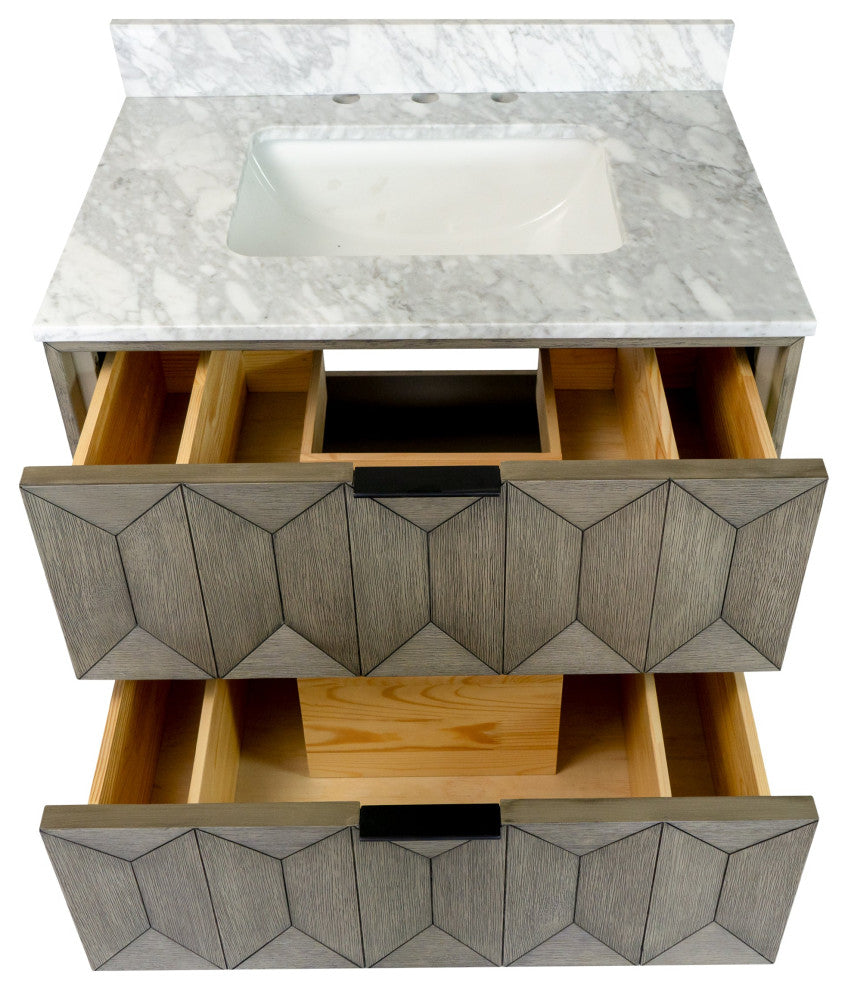 Henley 30" Bathroom Vanity, Gray Oak, Top: Carrara Marble