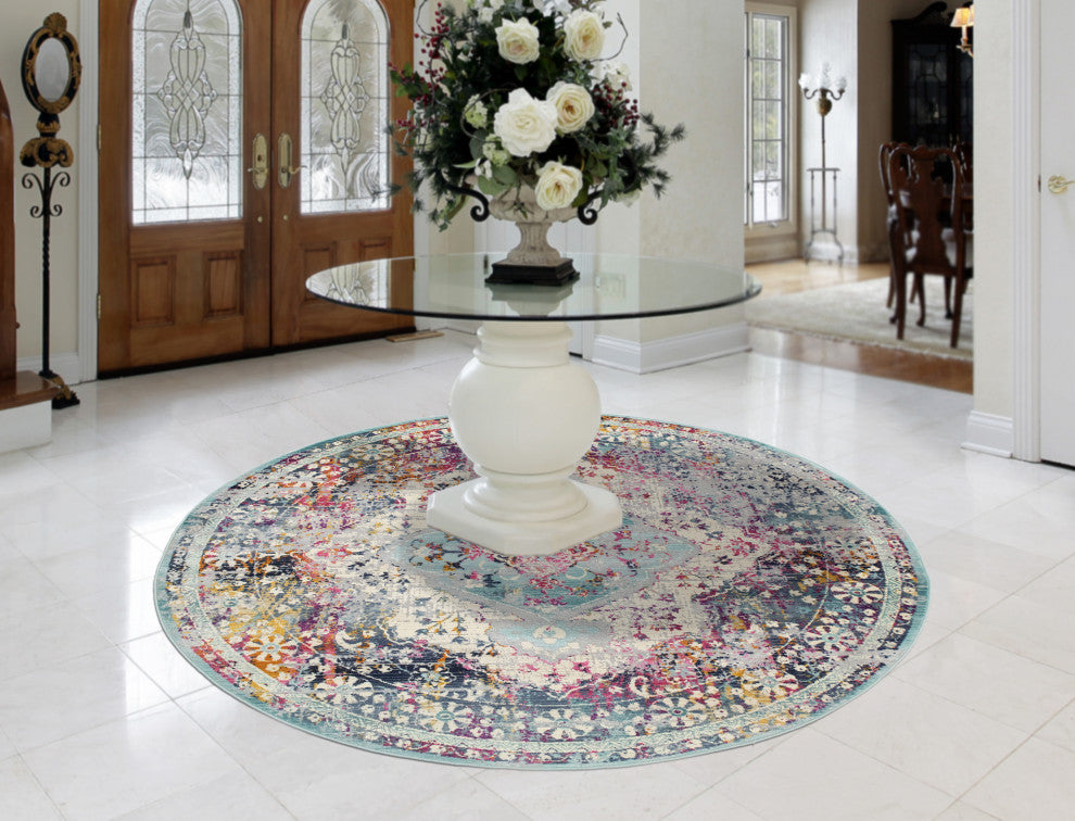 Noori Rug High-Low Westfield Silver/Teal Green Rug, 7'8" Round