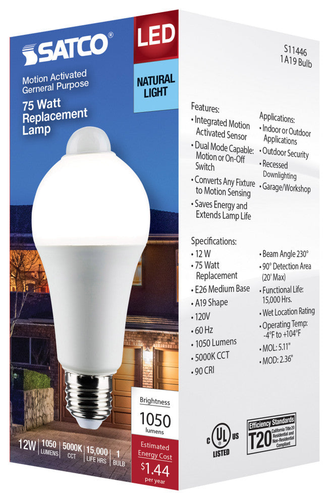 12W A19 LED, White, 5000K, 1050 Lumens, 120V, PIR Sensor, Non-Dimmable