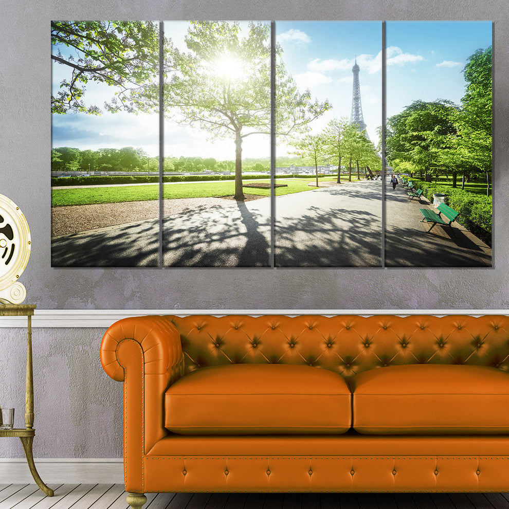 Paris Eiffel Towerat Sunny Morning, Landscape Canvas Print, 48"x28", 4 Panels
