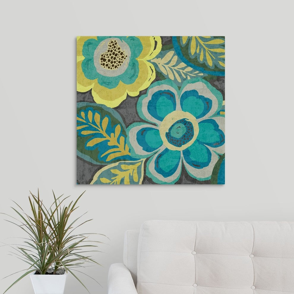 Floral Assortment Teal on Dark Grey Crop III Wrapped Canvas Art Print, 24"x
