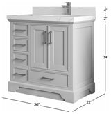 Charlotte 36" Right Offset Bath Vanity in Fine Grain 2" Pearl Gray Quartz