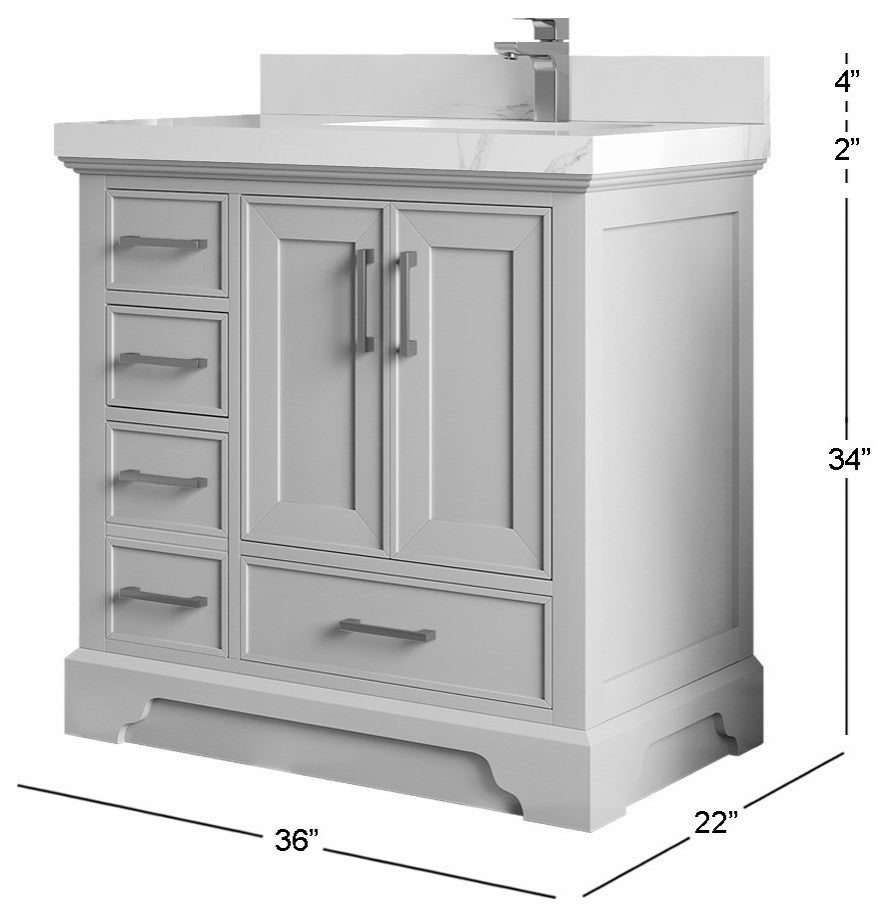 Charlotte 36" Right Offset Bath Vanity in Fine Grain 2" Pearl Gray Quartz