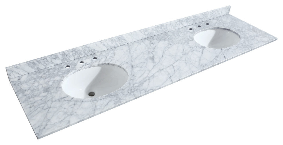 80" Double Bath Vanity, White, White Carrara Countertop, Sinks, Gold Trim