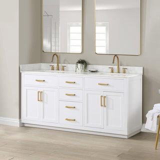 Gavino Vanity With Grain White Composite Stone Top, White/Brushed Gold, 72", No Mirror