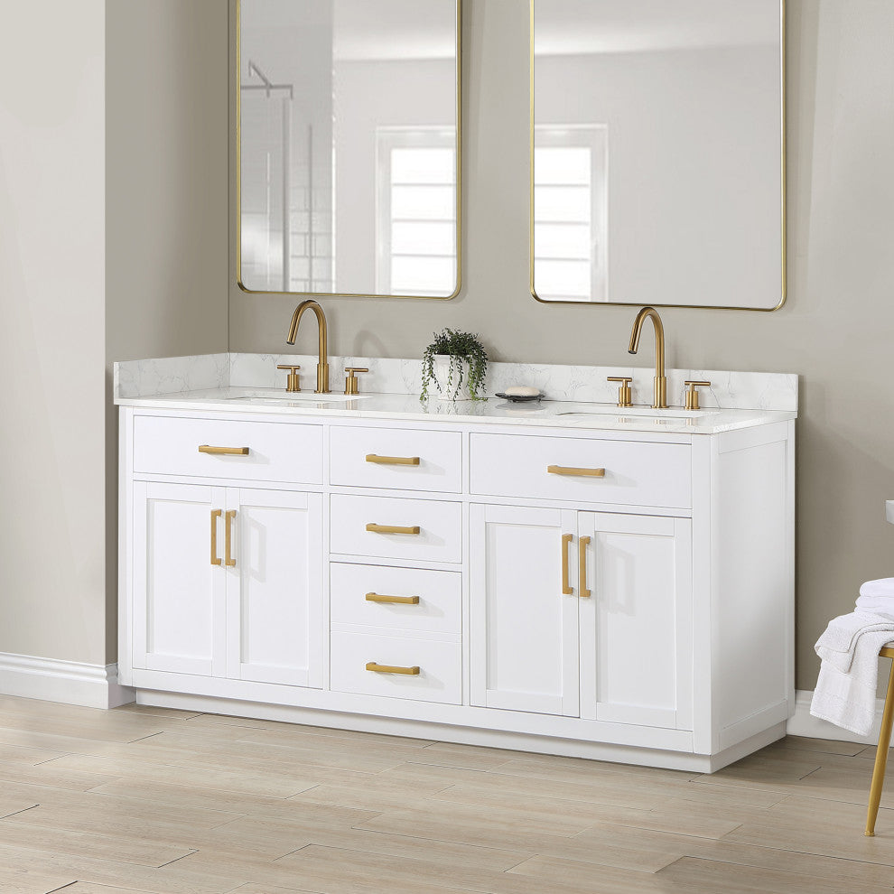 Gavino Vanity With Grain White Composite Stone Top, White/Brushed Gold, 72", No Mirror
