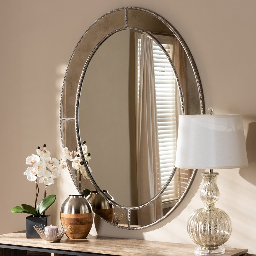Modern And Contemporary Antique Silver Finished Oval Accent Wall Mirror