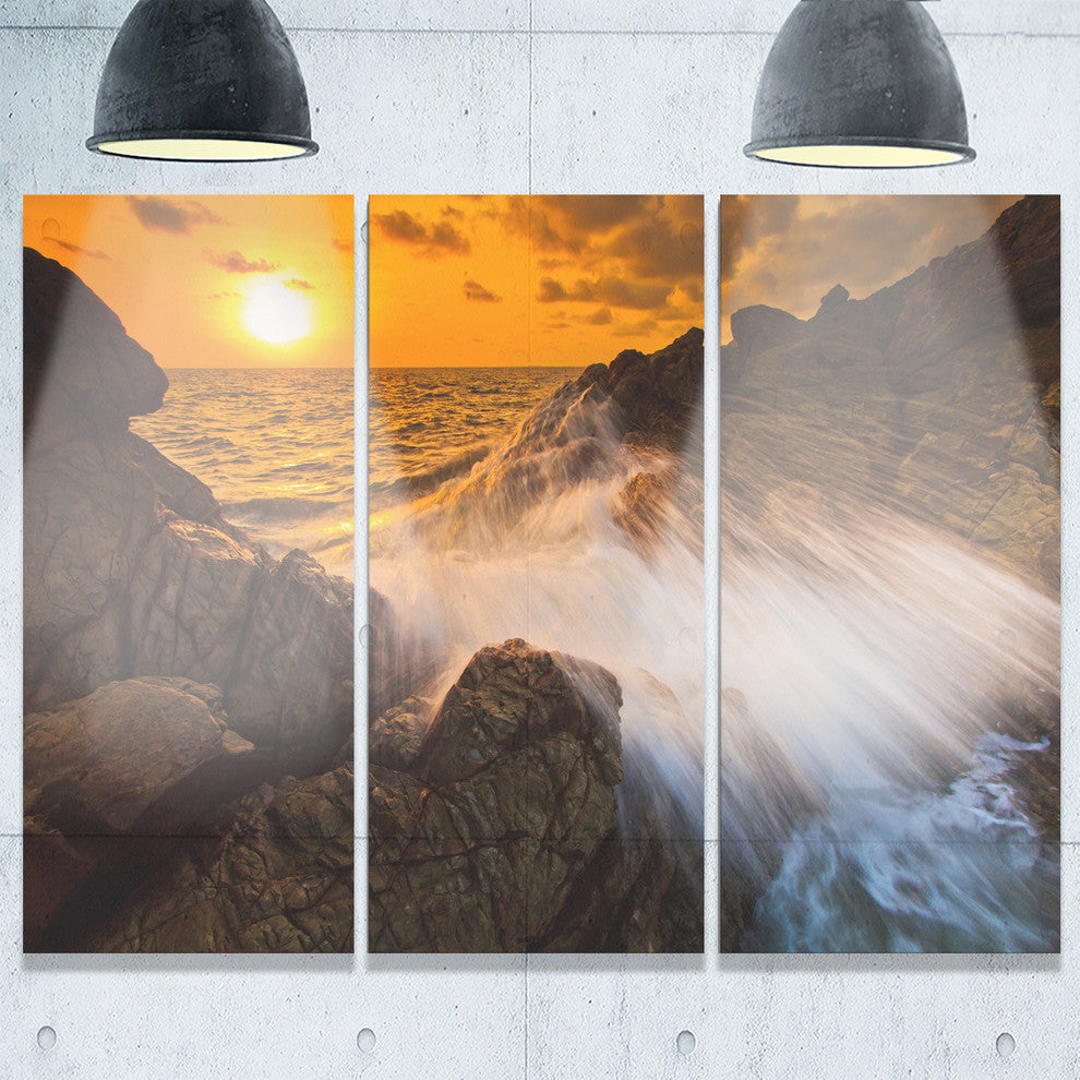 "Sunset Sea Wave Impact Rocks at Sunset" Metal Wall Art, 3 Panels, 36"x28"