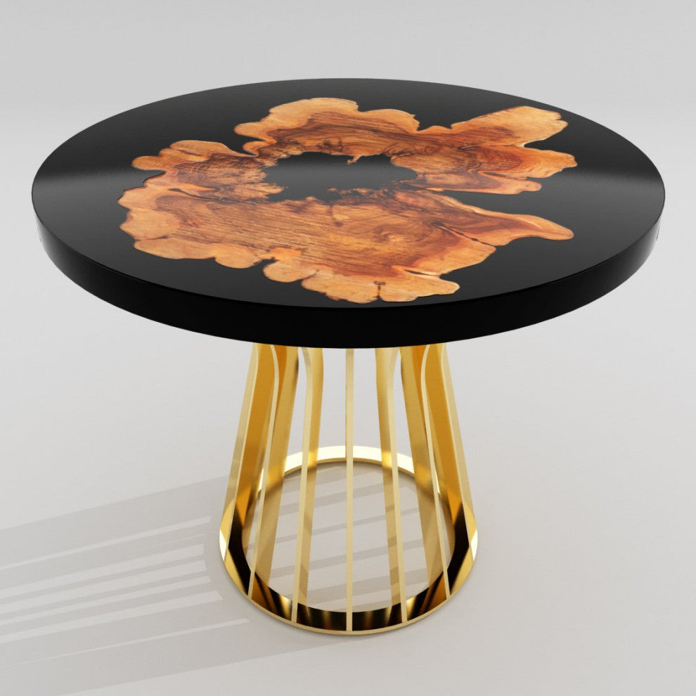 Cross-Cut Olive Wood Round Table, Black Top and Gold Base, 8 Seater