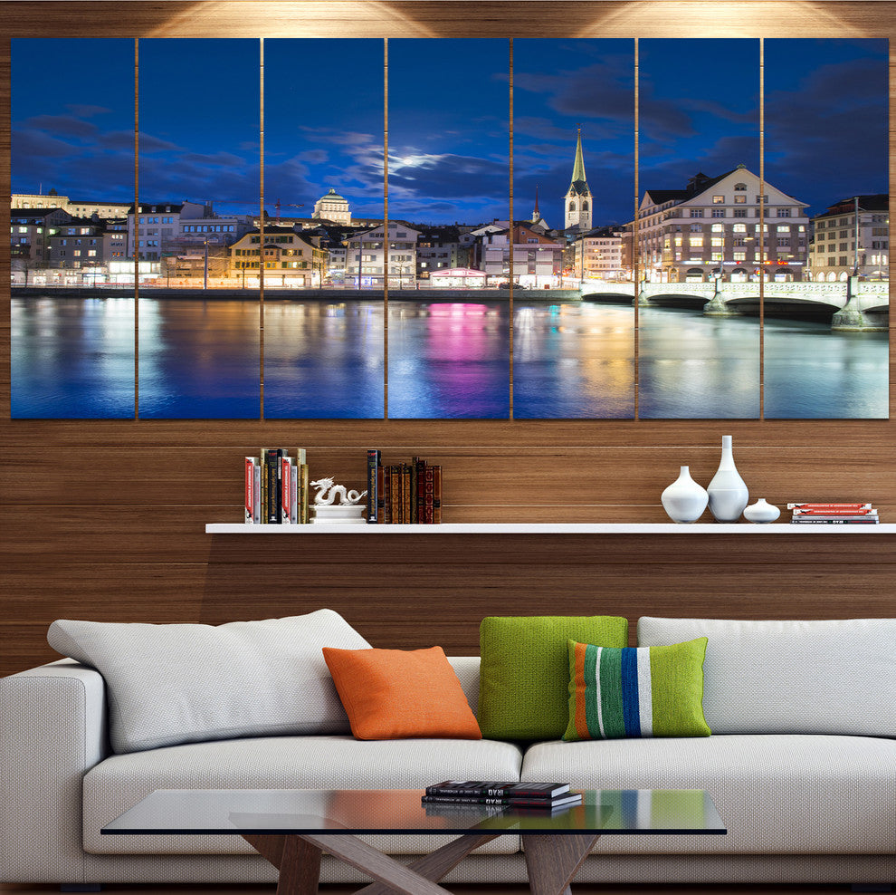 Scenic Panorama of Old Town, Landscape Canvas Art Print, 83"x32", 7 Panels