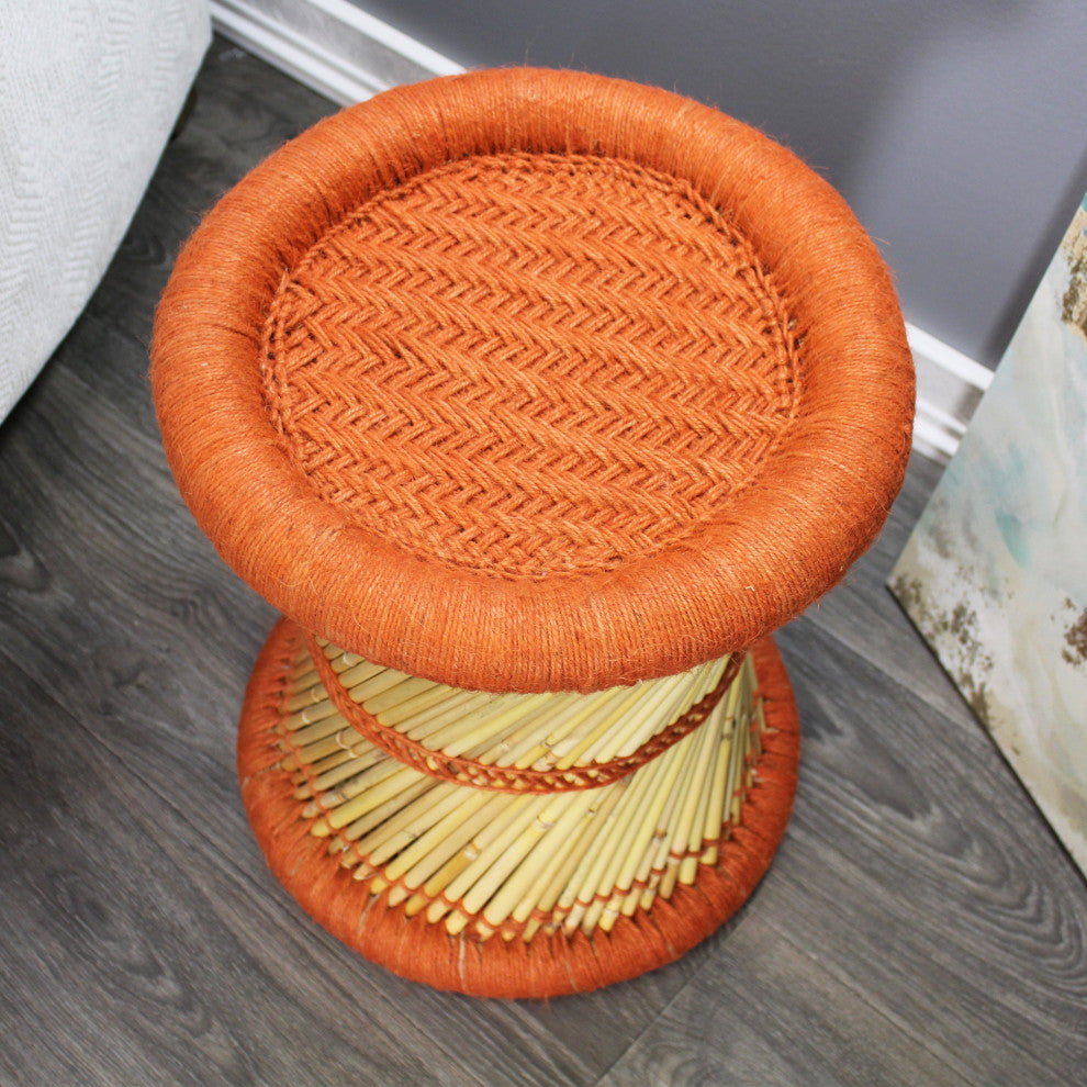 Natural Geo Moray Decorative Handwoven Jute Accent Stool, Orange