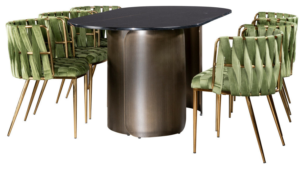 Nolan Marble Top Bronze Dining Set With 6 Chairs, Green