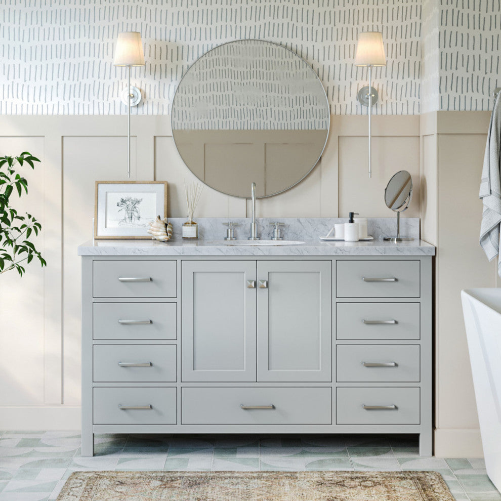 ARIEL Cambridge 61" Single Oval Sink Bathroom Vanity Gray with Marble Top