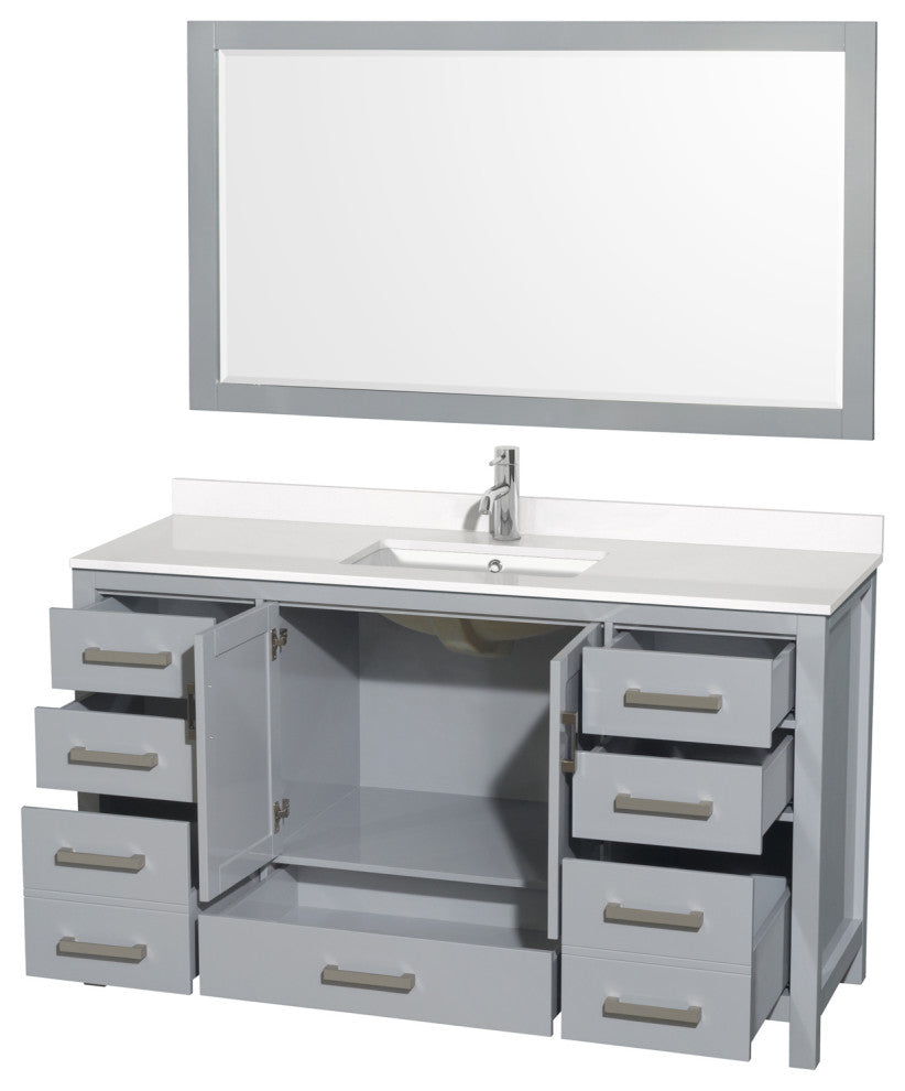 Sheffield 60" Gray Single Vanity, White Quartz Top, Square Sink, 58" Mirror
