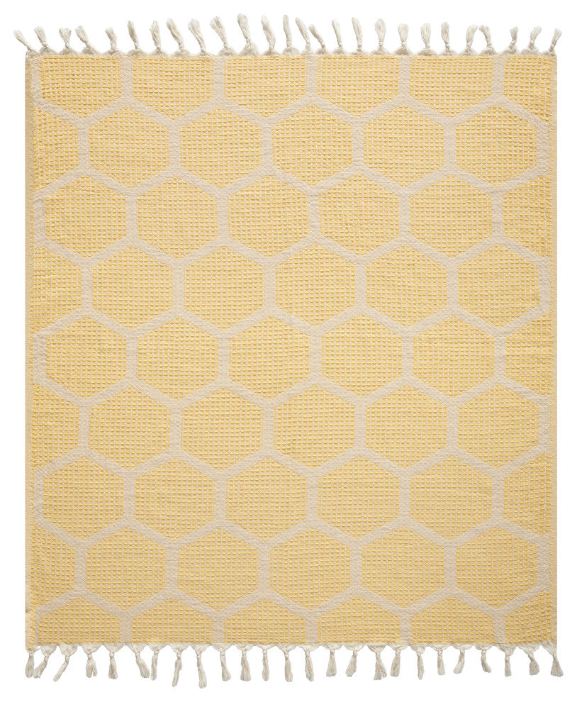 Blue/ Cream Geometric Turkish Organic Cotton Throw Blanket, Yellow