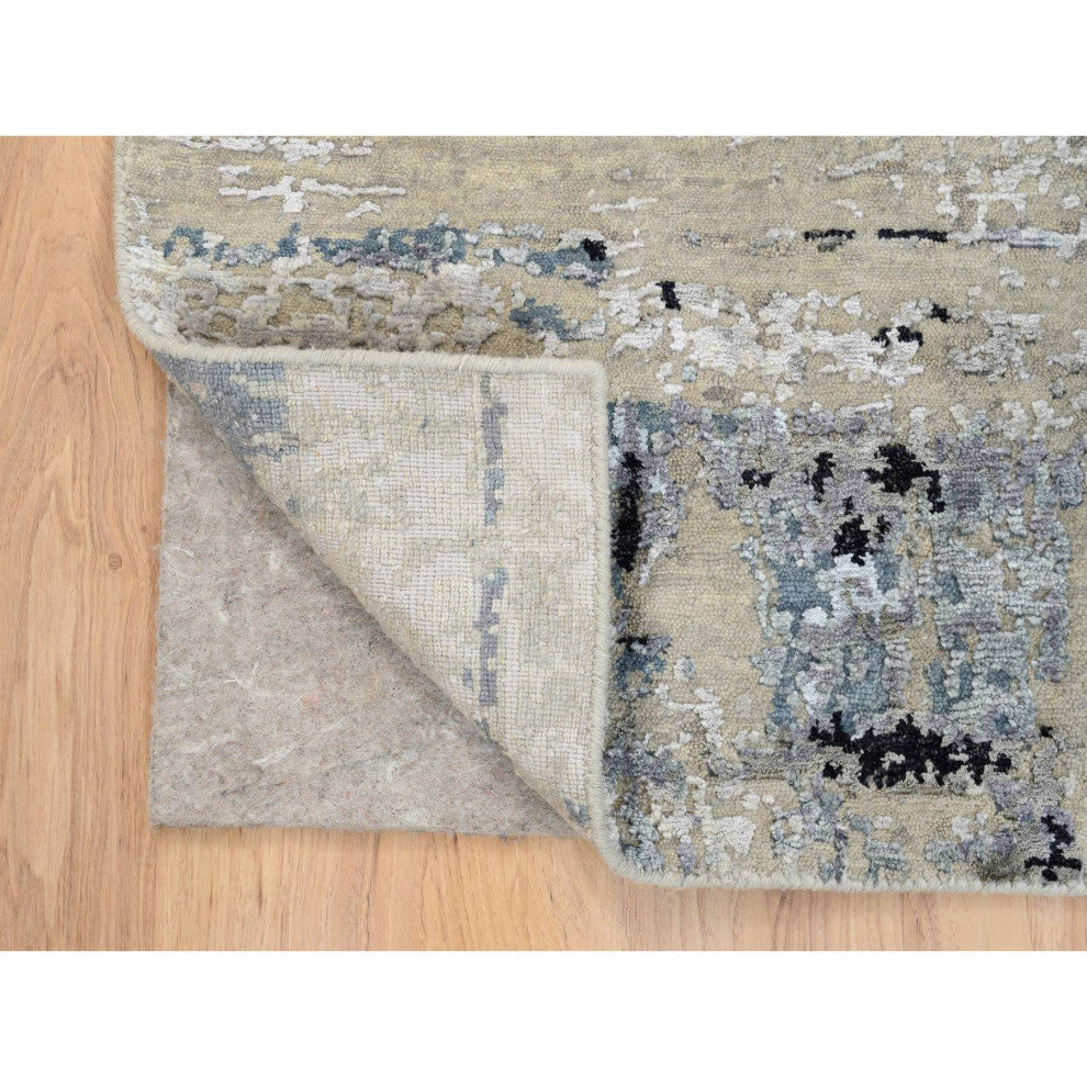 Gray, Modern Abstract Design Wool and Silk, Hand Knotted Mat Rug, 2'0" x 2'10"