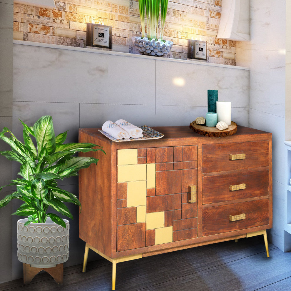 Nuna Mango Wood Bathroom Linen Cabinet With 1 Door/3 Drawers