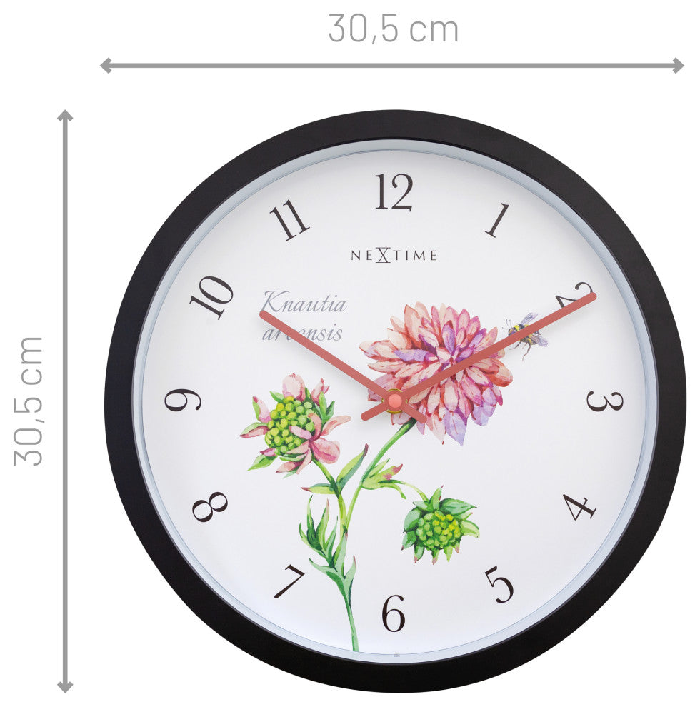 Weatherproof 12- Inch Decorative Garden Wall Clock , Pink Floral "Knautia"