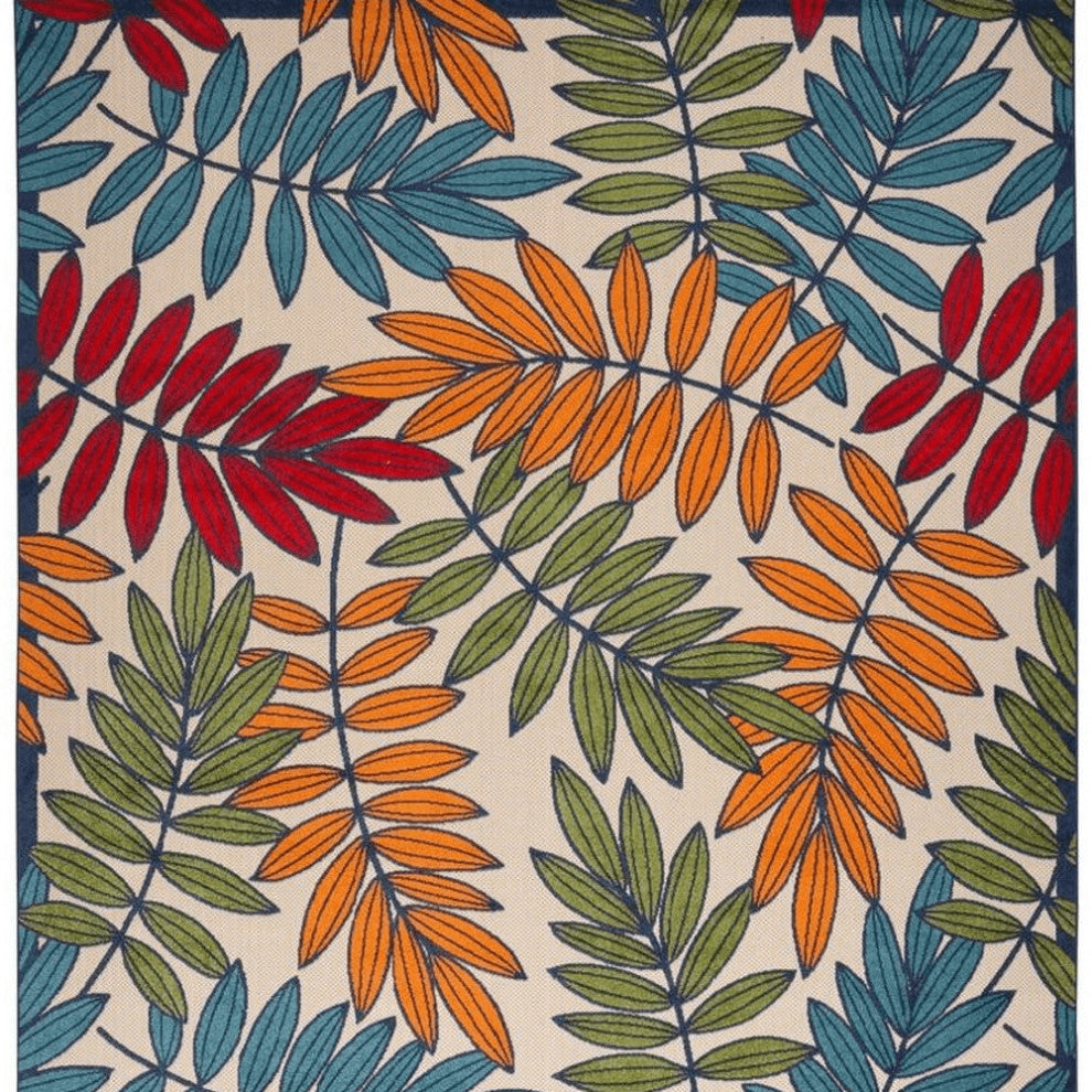 9' X 12' Beige Green And Orange Floral Non Skid Indoor Outdoor Area Rug
