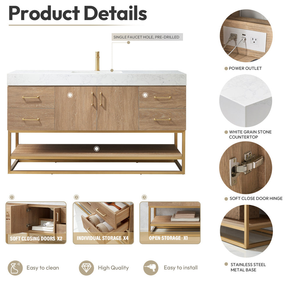 Alistair Vanity, North American Oak With Countertop, 60", With Mirror