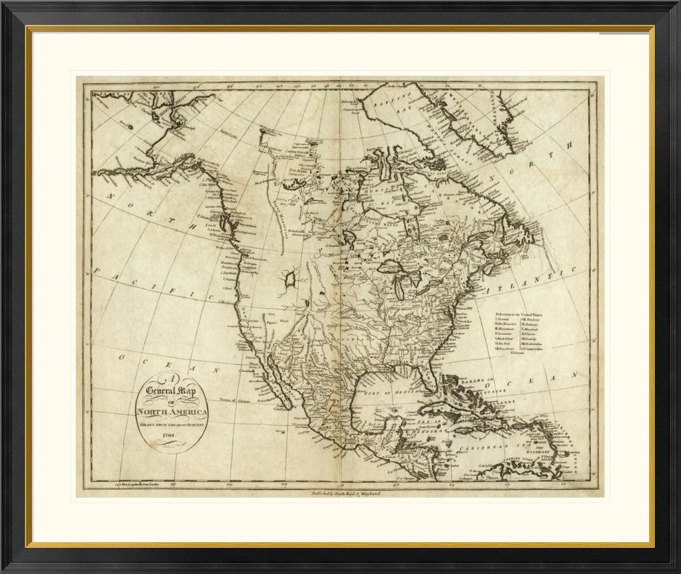 "Map of North America, 1796" Framed Digital Print by John Reid, 46x39"