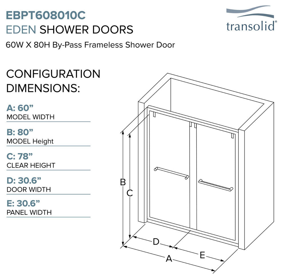 Eden 56-60" W x 80" H Shower Door, Iron Glass, Brushed Stainless, Sabrina
