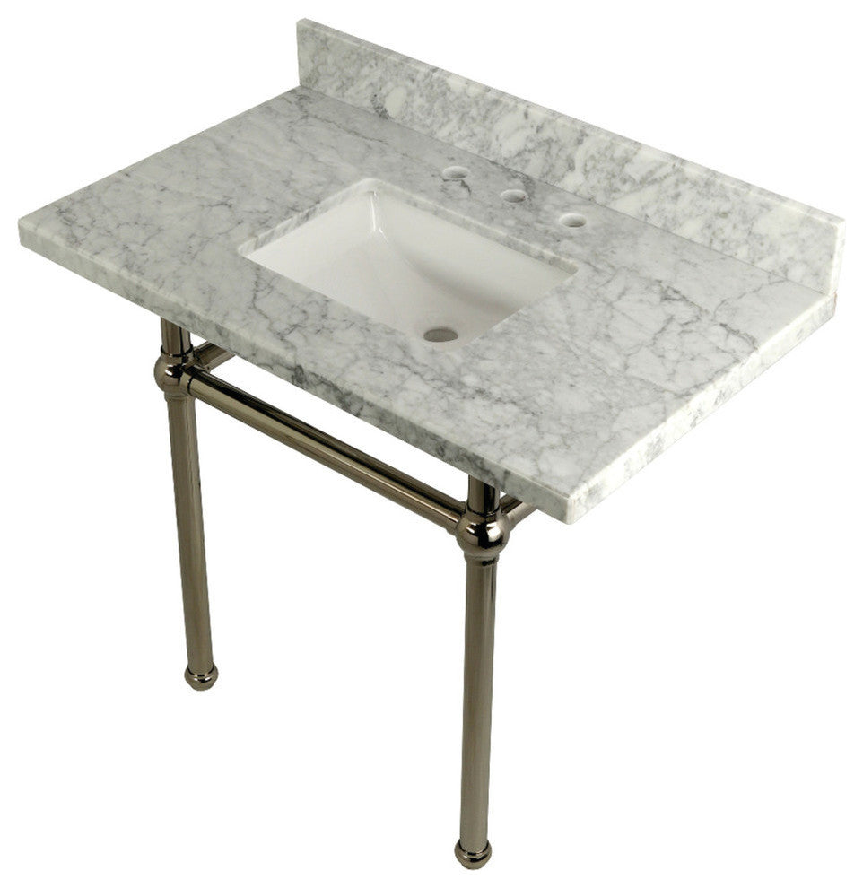 36X22 Marble Vanity Top w/Brass Console Legs, Carrara Marble/Polished Nickel