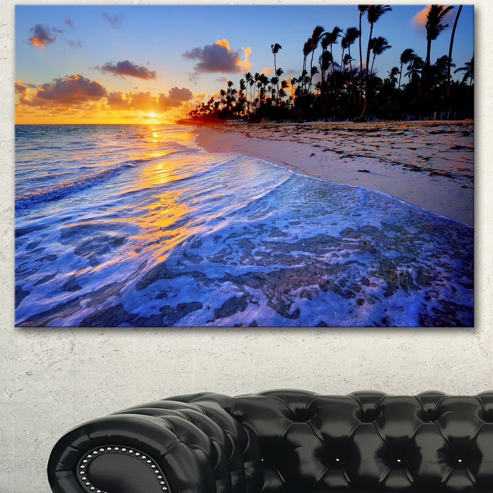 Blue Waves Along the Shore, Seashore Canvas Art Print, 60"x28"