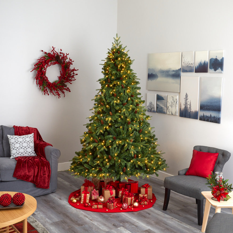 8' Wellington Spruce Natural Look Faux Xmas Tree W/550 Clear Lights & Pine Cones