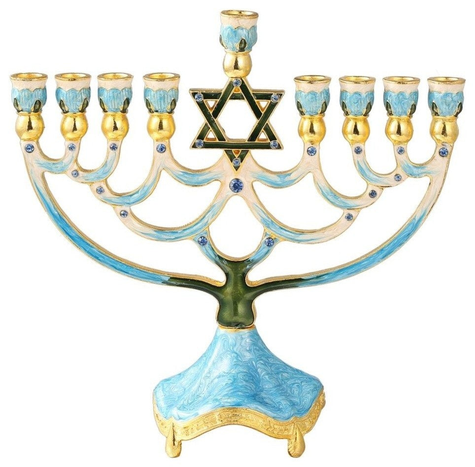 Hand Painted Enamel Menorah Candelabra with a Star of David Design
