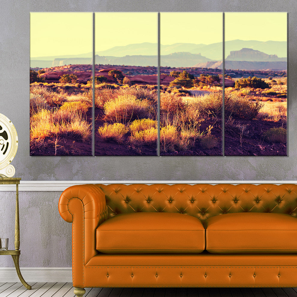Prairie with Layers of Mountains, Landscape Canvas Art Print, 48"x28", 4 Panels