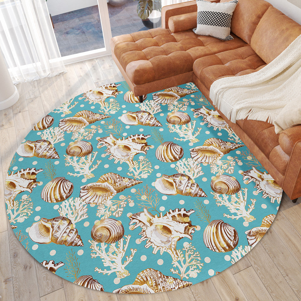 Indoor/Outdoor Seabreeze SZ6 Teal Machine Washable 8' x 8' Round Rug