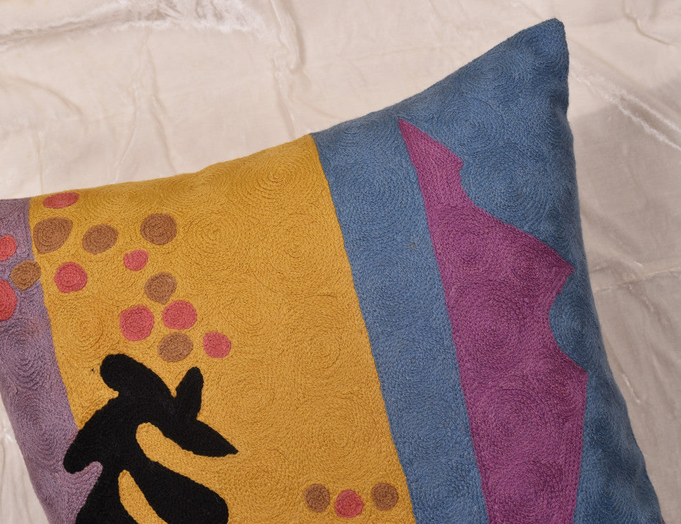 Matisse Yellow Pillow Cover Purple Gold Cut-Outs II Flower Wool Handmade 18x18