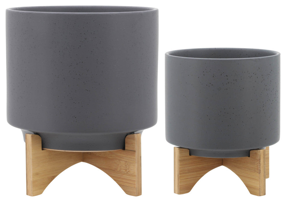 2-Piece Set Planter With Wood Stand, Matte Gray