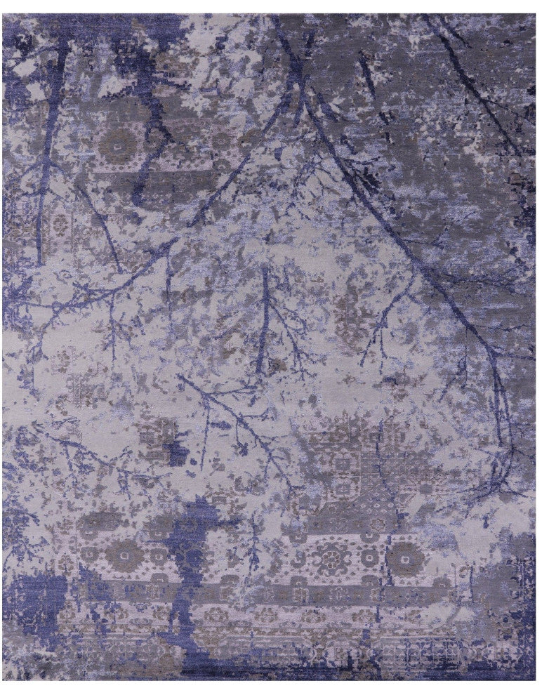 Modern Tree Of Life Design Hand-Knotted Wool and Silk Rug 8' 0" X 10' 1"- Q7227