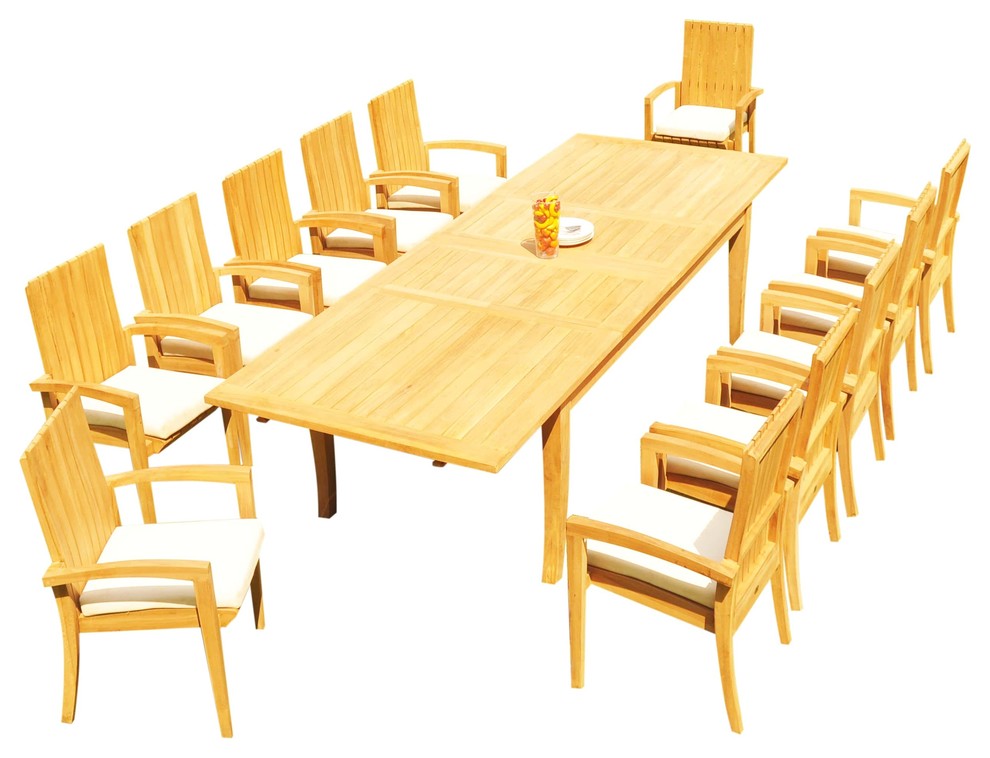 13-Piece Outdoor Teak Dining 122" X-Large Rectangle Table, 12 Goa Stacking Chair