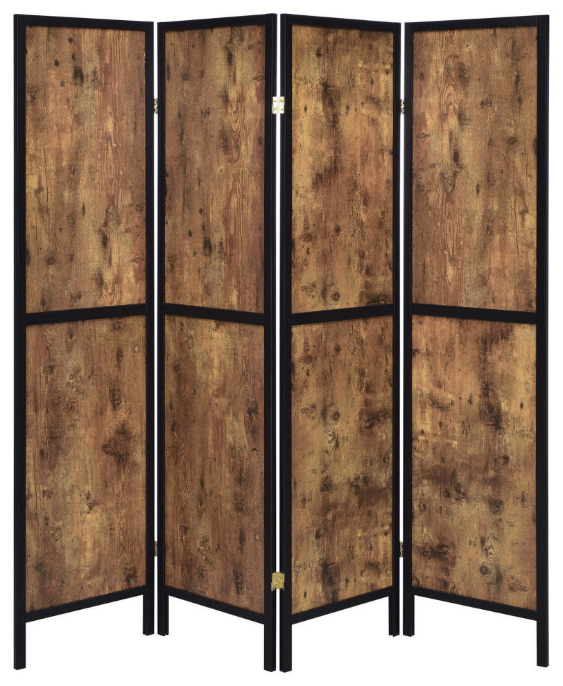 Benzara BM242727 4 Panel Screen With Grain Details and Knots, Brown and Black