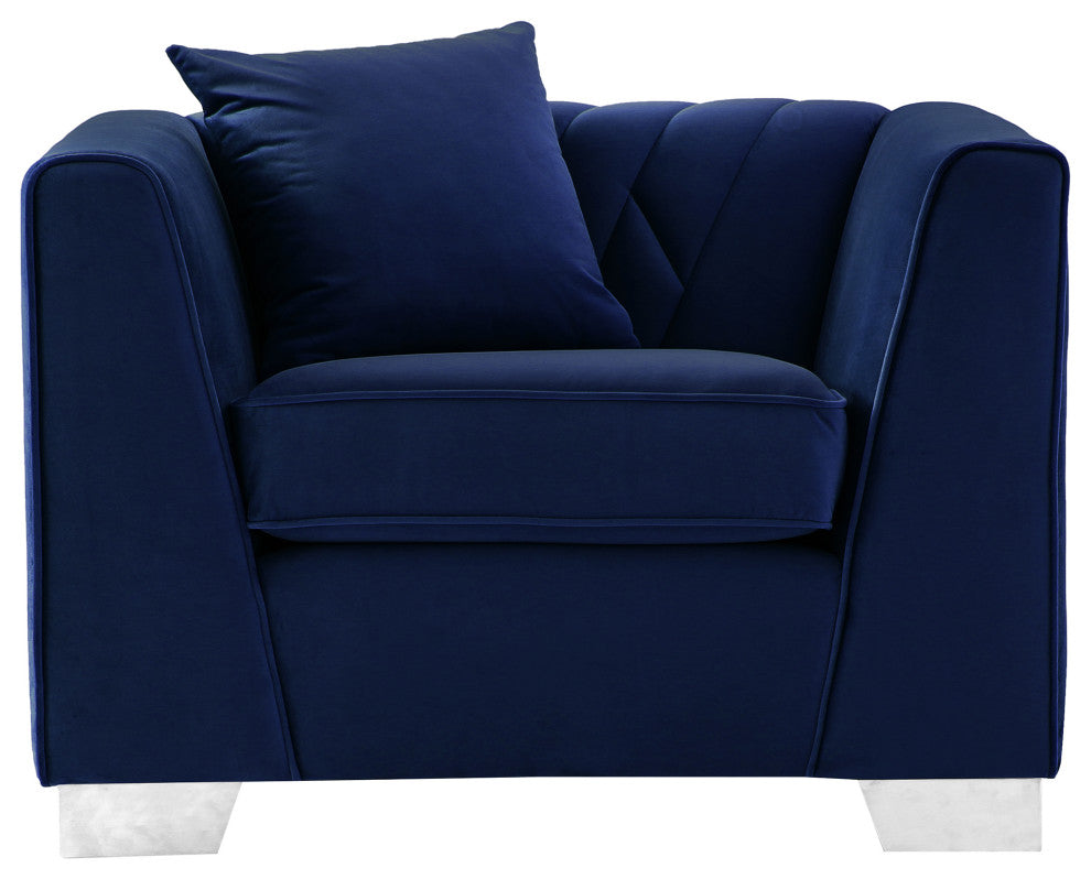 Cambridge Contemporary Sofa Chair, Brushed Stainless Steel, Blue Velvet