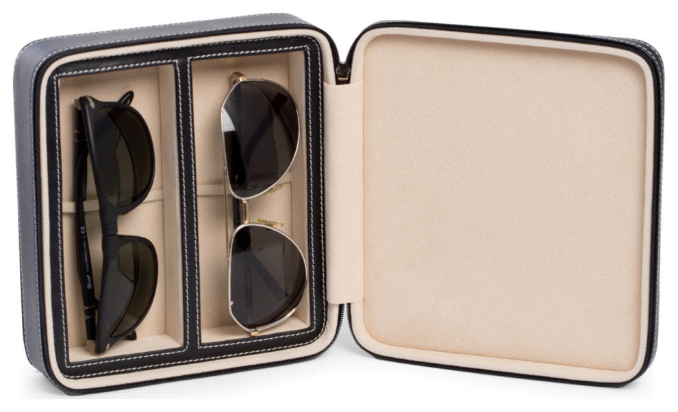 Black Leather 2 SunglassesTravel Case, Zipper Closure