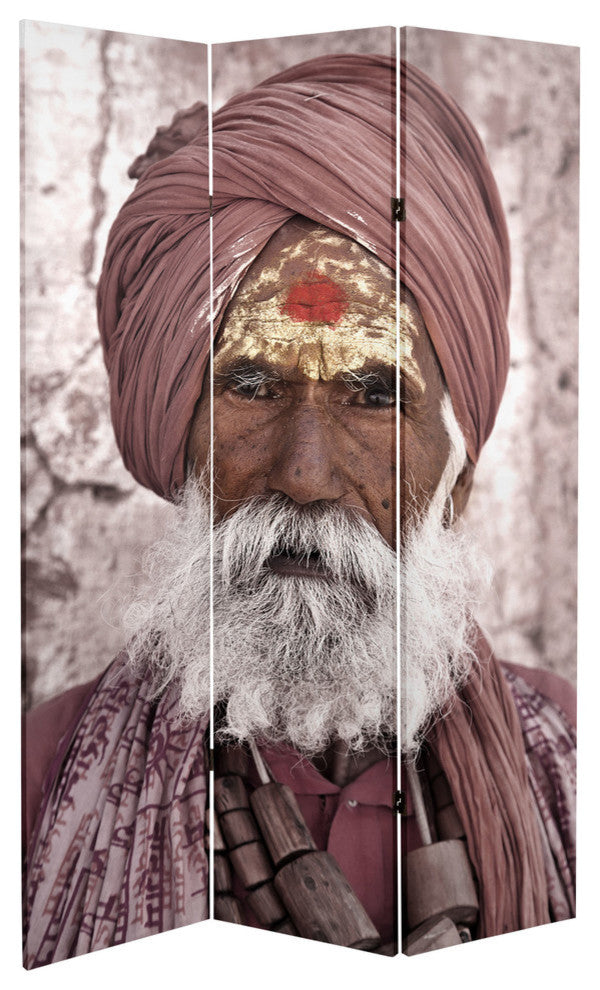 6' Tall Double Sided Hindu Sadhu Canvas Room Divider