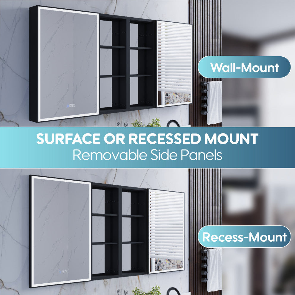Framed LED Medicine Cabinet Recessed/Surface Mount, Dimmable, Anti-fog, Black, 64"x30" Left/Right Door, 2 Side Cabinets
